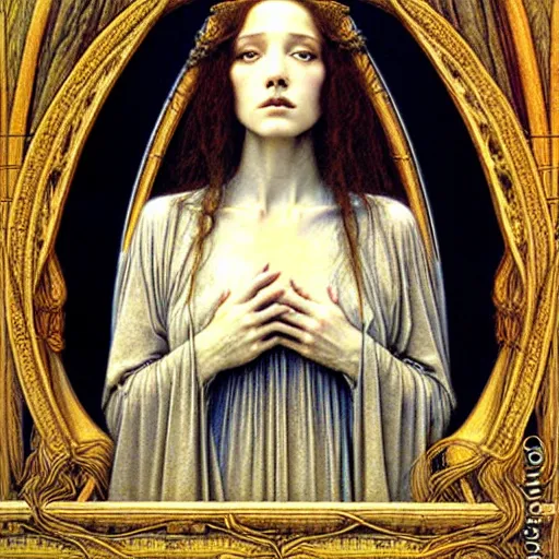 Image similar to detailed realistic beautiful young medieval queen face portrait by jean delville, gustave dore and marco mazzoni, art nouveau, symbolist, visionary, gothic, pre - raphaelite. horizontal symmetry