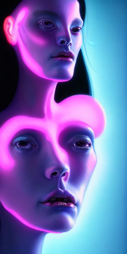 Image similar to hyperrealistic close-up of baroque cyborg woman with black hair and pearlescent pink skin wayne barlowe key sage very soft blue neon lighting on one side wide angle 35mm shallow depth of field 8k