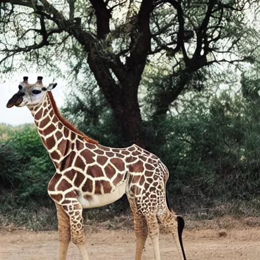 Image similar to a Giraffe-Pug Hybrid, A Giraffe that looks like a pug, huge tusks, afternoon hangout, good times photograph, candid