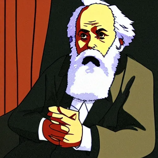 Prompt: Karl Marx pondering his orb, studio ghibli