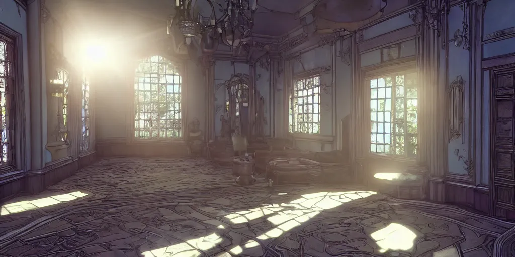 Image similar to kingdom hearts twilight town mansion interior, nostalgic abandoned, sunlight streaming through the windows