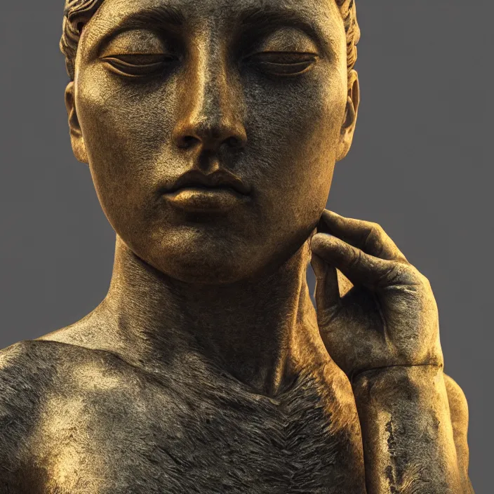 Image similar to stoic statue with empty eyes and a trail of tears made out for gold, vaporwave, aesthetic, naturel, hyper detailed, digital sculpture, trending in artstation, cinematic lighting, studio quality, smooth render, unreal engine 5 rendered, octane rendered, art style by klimt and nixeu and ian sprigger and wlop and krenz cushart