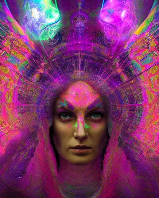 Image similar to a powerful energy psychedelic matrix priestess, by alexander fedosav, hyper detailed digital matte painting, concept art, hyperrealism, 1 6 k resolution, cinema 4 d, 8 k resolution, trending on artstation, behance hd, a masterpiece, by stephan martiniere, particles, cel - shaded, power bright neon energy, by david a. hardy,