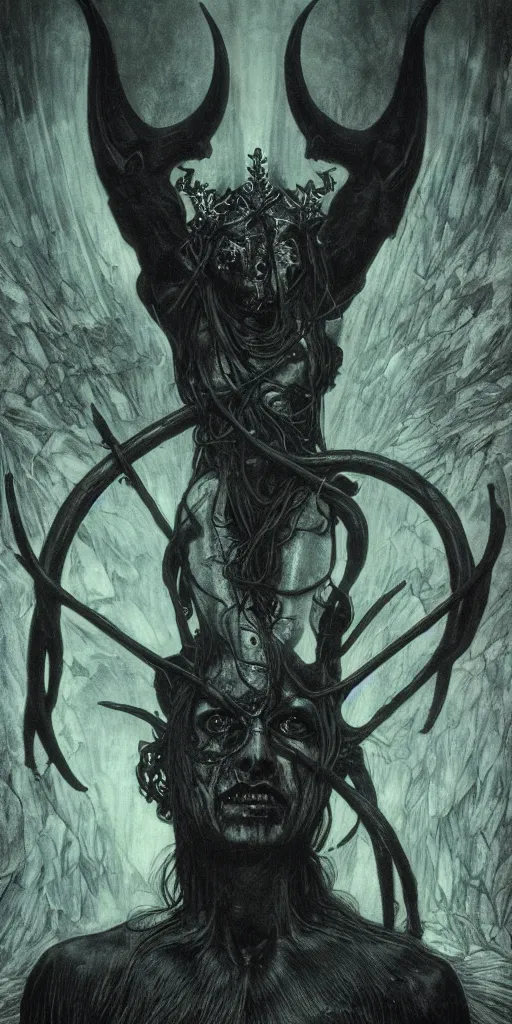 Image similar to intense glowing black metal pagan god with veins and horns and intense pure black eyes and a blood skull in very dark rusty iron cathedral by beksinski and alphonse mucha and artgerm, portrait, fantasy, clear, light beams, lens flare, intense, uhd, amazing depth, cinematic lighting, shining chrome and black and cyan