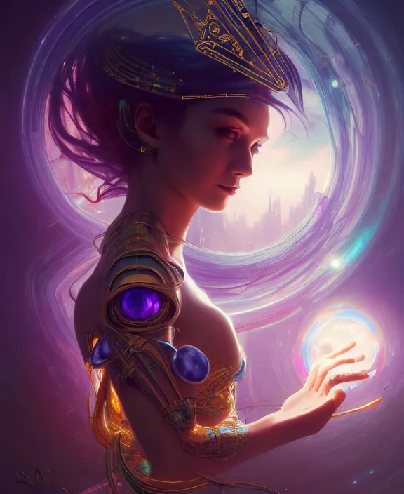 Image similar to a whirlwind of souls rushing inside the metaverse, half body, glowin eyes, tiara with sapphire, pharaoh, android, cyberpunk, d & d, fantasy, intricate, elegant, highly detailed, colorful, vivid color, digital painting, artstation, concept art, art by artgerm and greg rutkowski and alphonse mucha and ruan jia