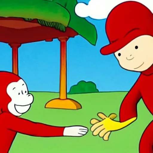 Prompt: curious george slapping caillou. pbs cartoon