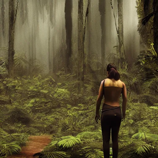 Prompt: a human Researcher standing in the rainforest, post-apocalypse, cinematic, photorealistic