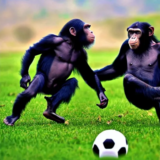 Prompt: two chimpanzees play soccer in a field