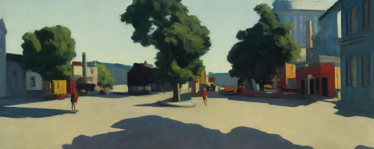 Prompt: an edward hopper style painting of a ( ( ( ( ( ( ( ( miskolc, a city in northeastern hungary ) ) ) ) ) ) ) ), late - summer, august of 1 9 4 8