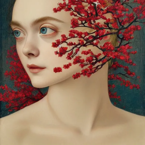 Prompt: professional painting of Elle Fanning in Santorini in the style of Dino Valls and Koson Ohara, head and shoulders portrait, red cherry blossoms, symmetrical facial features, smooth, sharp focus, illustration, intricate, stormy weather, extremely detailed masterpiece,