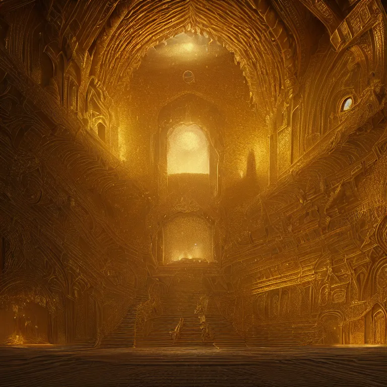 Image similar to highly detailed gold majestic in the entrance castle kingdom of agharta, aerocar, land of advanced races, giant, hollow earth infographic, hiperrealistc, global illumination, radiant light, detailed and intricate environment, trending on artstation, art by oleg oprisco, 8 k