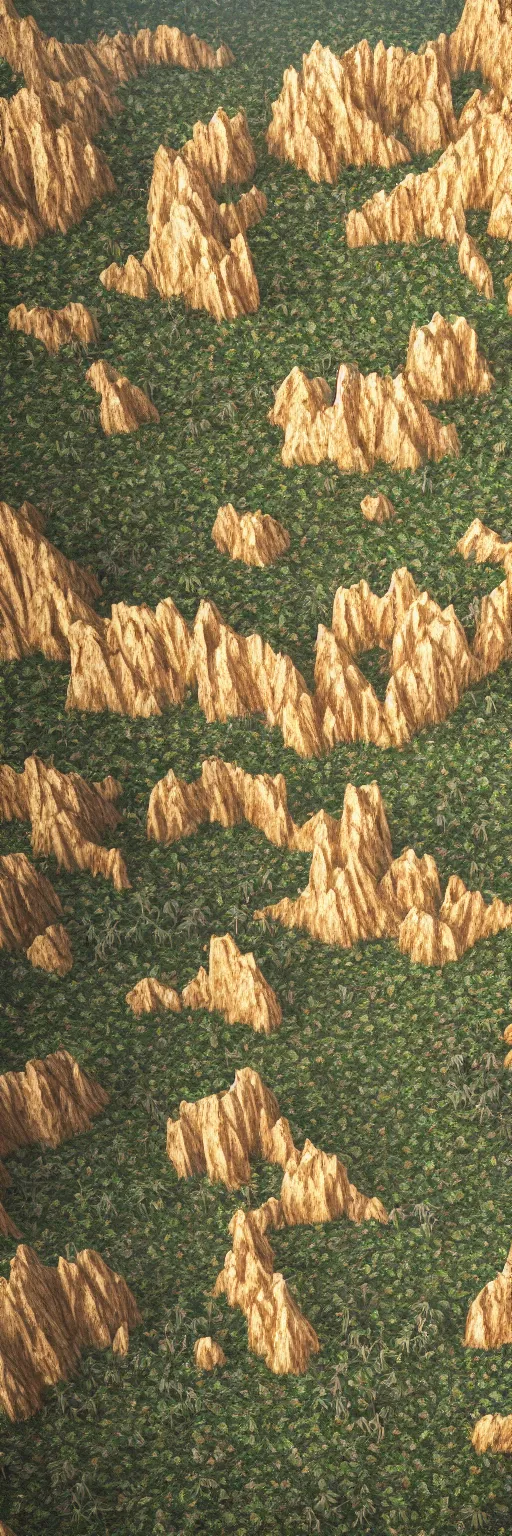 Image similar to photo of vertical golden village, arid mountains and lush palm forest, photo realism, sharp focus, octane