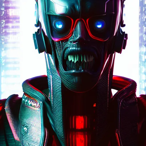 Image similar to evil cyberpunk dark lord, highly detailed, photorealistic portrait, bright studio setting, studio lighting, crisp quality and light reflections, unreal engine 5 quality render