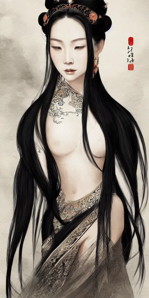 Image similar to ancient chinese princess, elegant, long black hair, highly detailed, ink painting, artstation, concept art, art by wlop