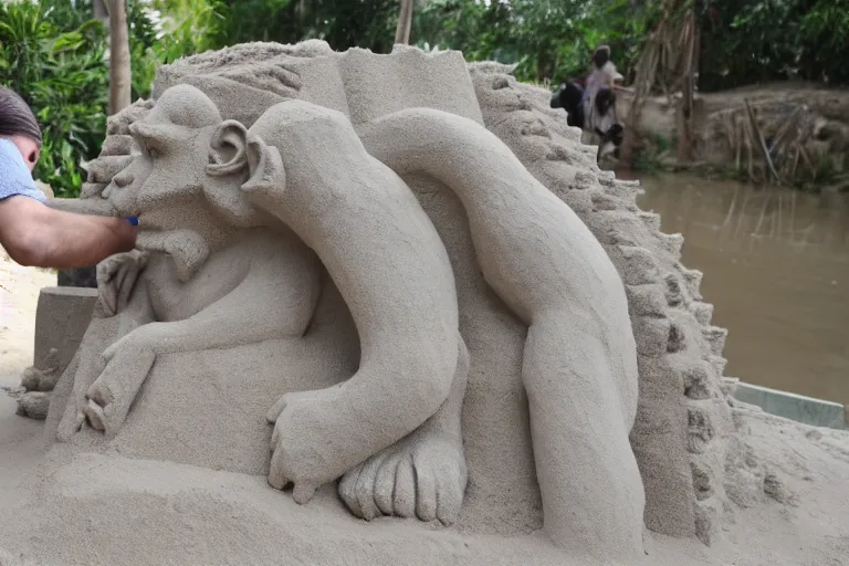 Image similar to a monkey touching a completed sand castle