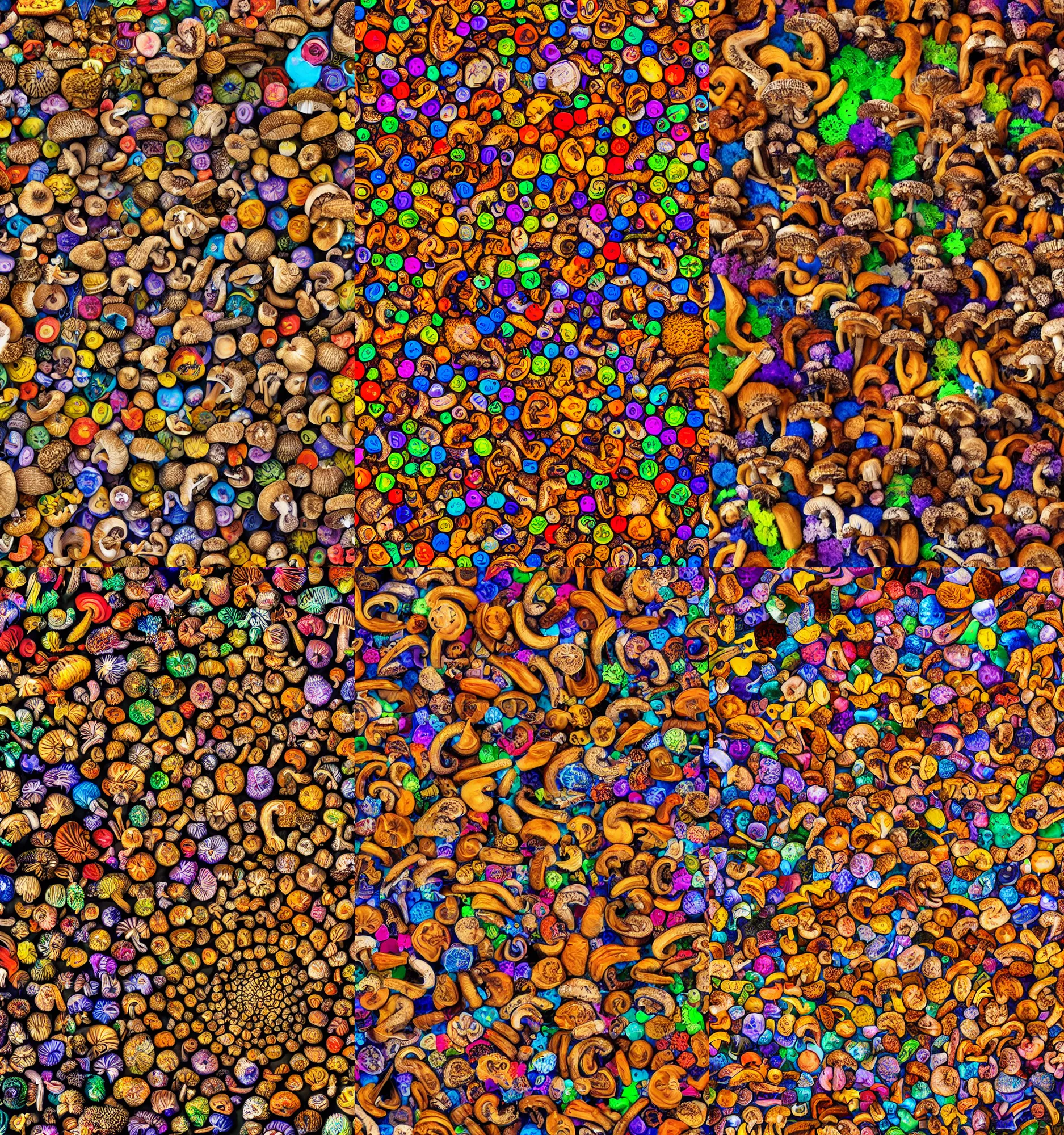 Prompt: A detailed picture of a psychedelic mushroom made up of hundreds of pictures of mushrooms, 8k,