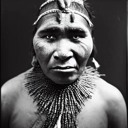 Prompt: black and white studio portrait photo of a indigenous from easter island