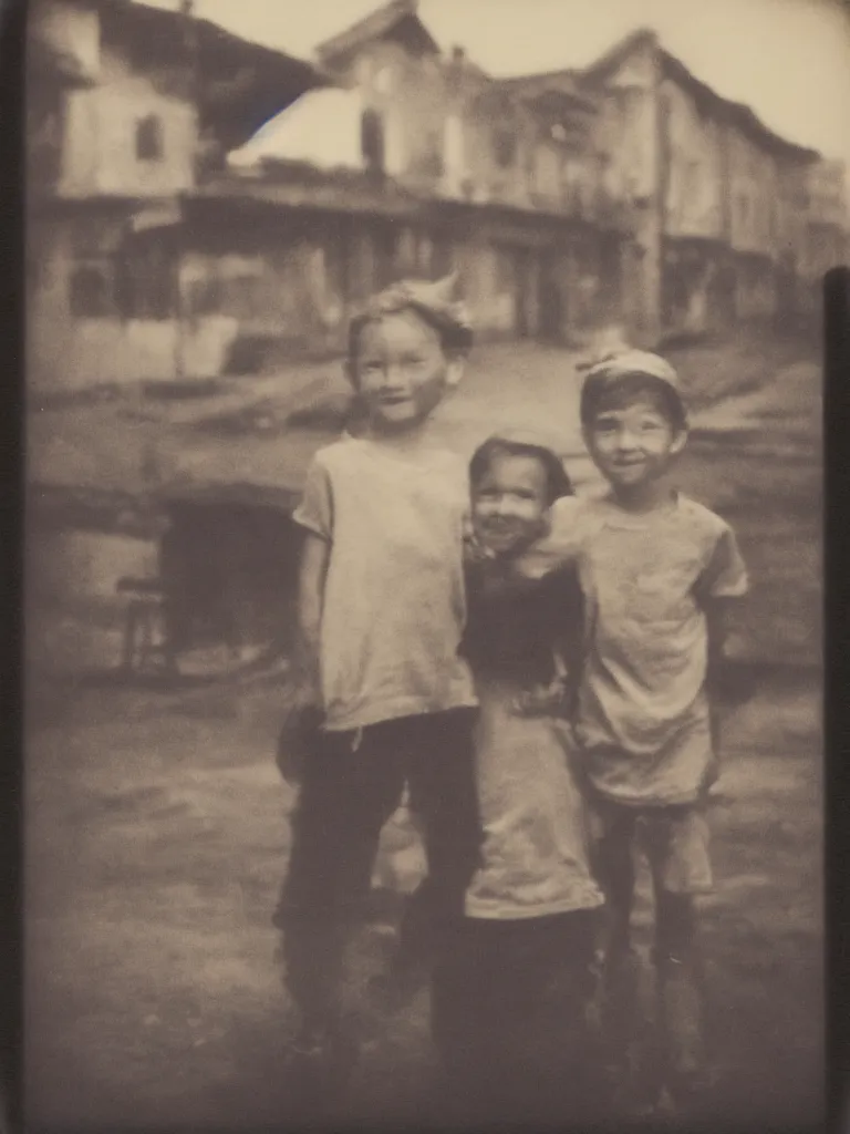 Prompt: only two kids posing for a picture, late at night, dark, backlighting, small village, empty town square, old polaroid, color