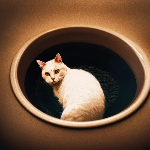 Prompt: photographic portrait by Annie Leibovitz of a cat in a hot tub, closeup, foggy, sepia, moody, dream-like, sigma 85mm f/1.4, 15mm, 35mm, 4k, high resolution, 4k, 8k, hd, full color