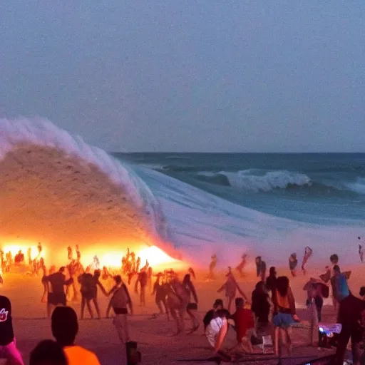 Prompt: a tsunami hitting a night concert at the beach, huge wave and people running