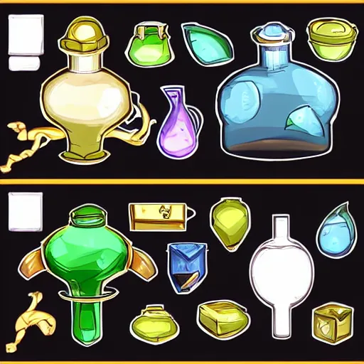 Prompt: video game icon of a potion, concept art, ref sheet, icon sketches for a video game of a potion