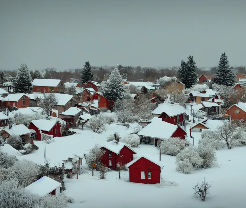 Prompt: A small rural town and neighborhood with small houses from the foreground into the horizon of the background on long roads and streets decorated with Christmas themed objects on their lawns, in the winter months of december, snow is everywhere, it is currently snowing and cloudy, very nostalgic, very melancholic, dramatic angle, rotoscoped, rotoscope, photoshop, photomanipulation, realism, painting, illustration and sketch, weird scribbles, hybrid styles, hybrid art styles, mismatched, trending on artstation, trending on deviantart, weird, quirky, interesting, very detailed, highly detailed, HD Quality, 4k resolution, 8k resolution, in the style of David Firth, in the style of James Lee, in the style of Drue Langlois,