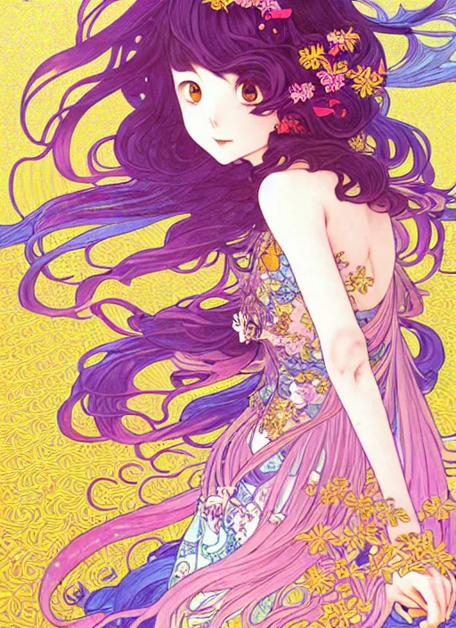 Image similar to exquisite imaginative manga poster of a girl, long wavy hair, birds, rococo dress, shimmering, by kojima ayami, shigenori soejima, minaba hideo, alphonse mucha, jump comics, shogakukan, illustration, artstation, highly detailed, 8 k, fluorescent, maximalist