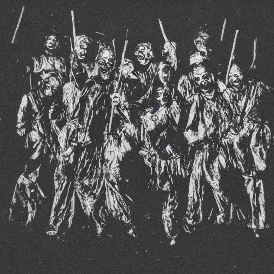 Image similar to distorted 1 3 mm film photograph of a group of clowns in a field holding machetes at night, liminal, dark, thunderstorm, dark, flash on, blurry, grainy, ominous lighting