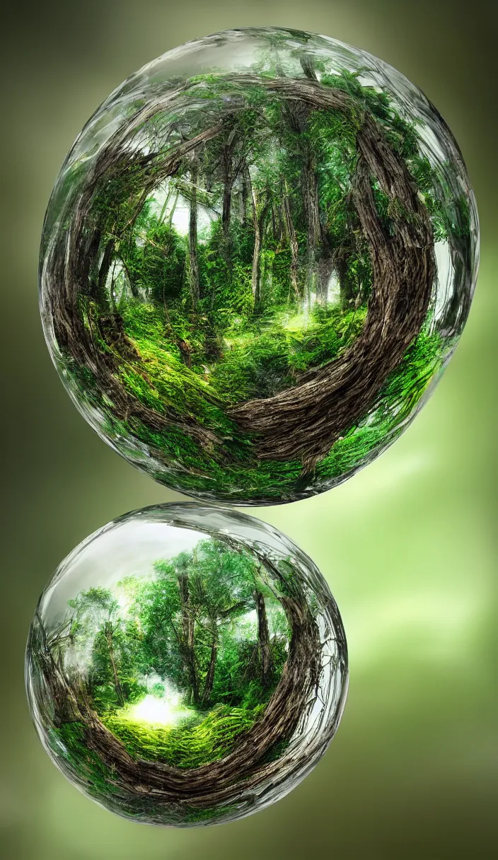 Prompt: miniature forest in a glass sphere, digital art