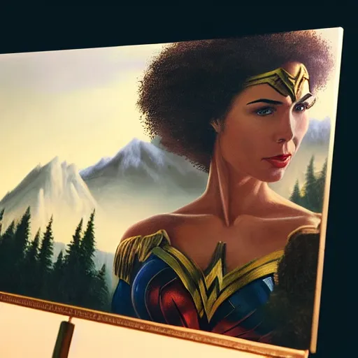 Prompt: a closeup photorealistic photograph of bob ross working on a canvas painting of wonder woman. film still. brightly lit scene. mountains and trees. this 4 k hd image is trending on artstation, featured on behance, well - rendered, extra crisp, features intricate detail, epic composition and the style of unreal engine.