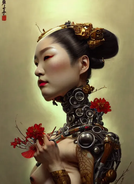 Image similar to organic cyborg, geisha, Yakuza, japanese, diffuse lighting, fantasy, intricate, elegant, highly detailed, lifelike, photorealistic, digital painting, artstation, illustration, concept art, smooth, sharp focus, art by John Collier and Albert Aublet and Krenz Cushart and Artem Demura and Alphonse Mucha