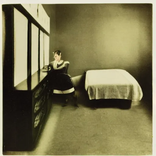 Prompt: a liminal hotel room with a black glass statue, vintage coloured photography by balthus