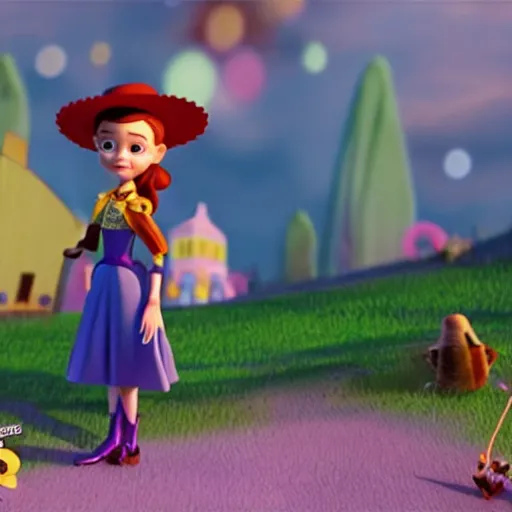 Prompt: a film still of a little witch in toy story 3