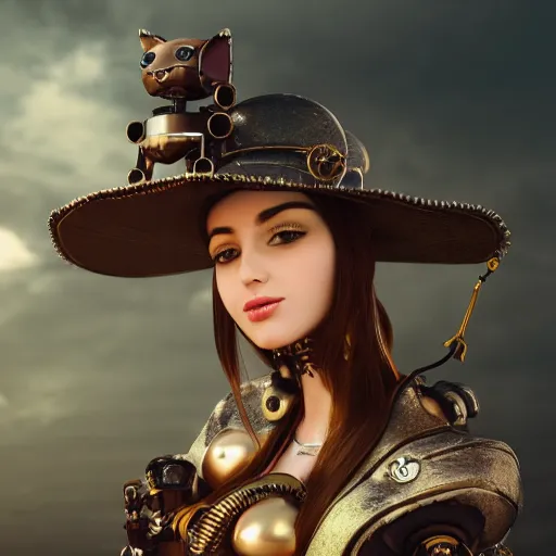 Image similar to a portrait beautiful steampunk woman and her cute robot cat in front of a spaceport, long hair, aged 2 5, slovenian, wearing a travel hat, photo realistic, real life, octane render, trending on artstation