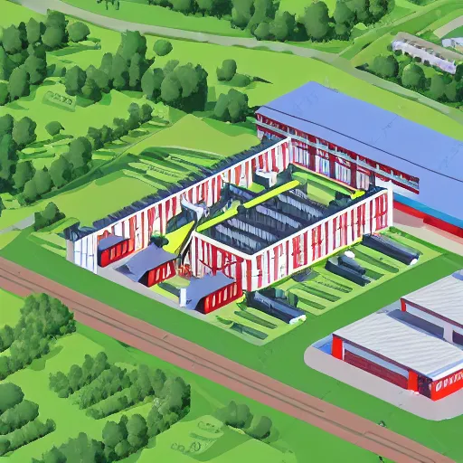 Image similar to exterior of sawmill factory in countryside of taiwan; isometric axonometric