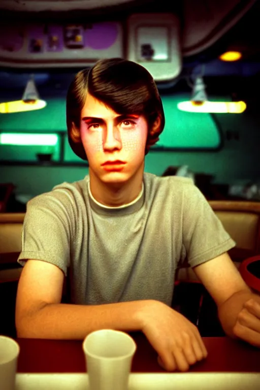 Image similar to an ultra high definition telephoto portrait cyberpunk 7 0 s diner film set photograph of a young man with short messy brown hair triangle head puffy cheeks narrow chin high cheek bones confused expression. wide angle close up. three point lighting. volumetric. refraction. imagined detail. soft focus ambient light sources. haze, light glare, art directed. filmic.