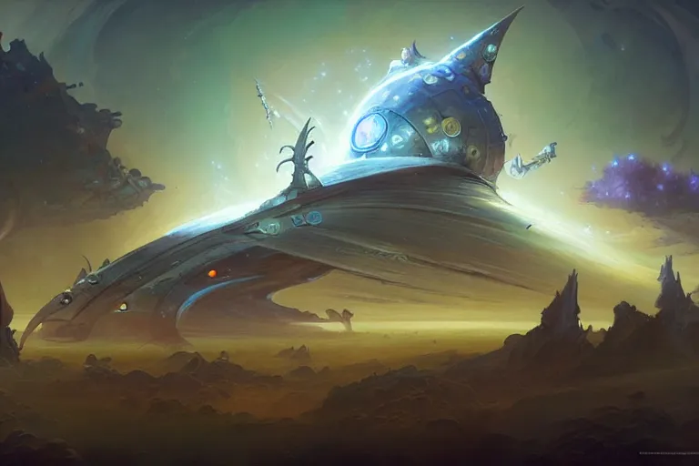 Image similar to hyperbolic sacred holy intergalactic starship concept design by peter mohrbacher and craig mullins and hiroshi yoshida and james jean and frank frazetta and michael whelan and andreas rocha