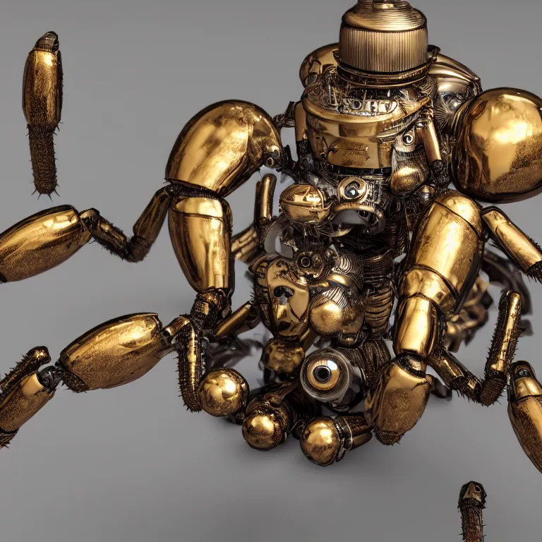 Image similar to a close up of an beautiful steampunk robotic spider inspired, unreal engine realistic render, high detailed face, photorealism, golden ratio, hyper - realistic 3 d, insanely super detailed, realistic octane render, 1 6 k, fashion photography, micro detail, backlit lighting, face in focus, subsurface scattering, thin porcelain