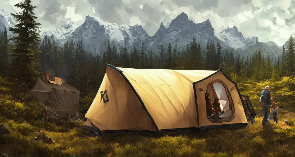 Image similar to cabela's beautiful comfortable carbon framed, modular insulated wall portable container home kit - house all weather family dwelling tent house, person in foreground, mountainous forested wilderness open fields, beautiful views, painterly concept art, environmental concept art, concept art illustration, by james gurney, by craig mullins, by greg rutkowski trending on artstation