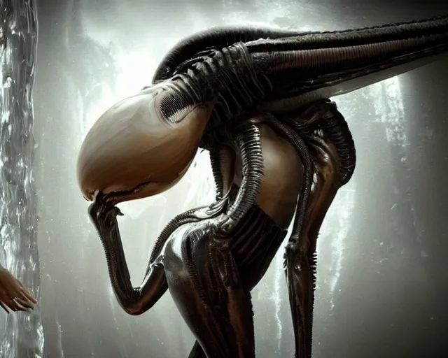 Image similar to cinematic full - body - shot still of kim kardashian being syphon fed by an xenomorph in a transparent alien liquid, wet flowing hair, gooey skin, illustration, unreal engine 5, 8 k, made by h. r. giger.