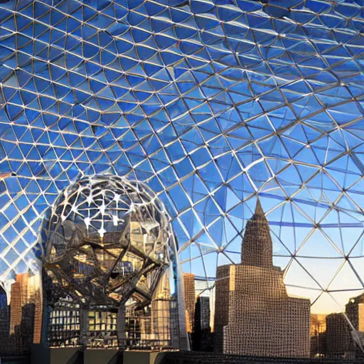 Prompt: Geodesic dome of nanobots expanding, New York City, Technological Singularity photograph