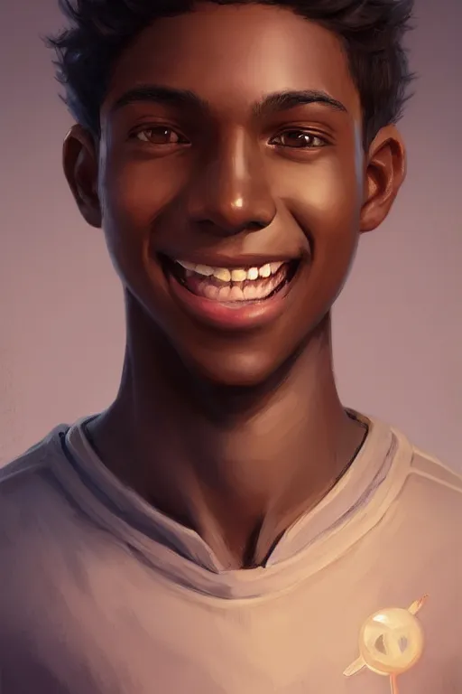 Image similar to young teenager boy with straight short brown hair, dark skin, big lips, smiling. highly detailed, d & d, fantasy, highly detailed, digital painting, trending on artstation, concept art, sharp focus, illustration, art by artgerm and greg rutkowski and fuji choko and viktoria gavrilenko and hoang lap