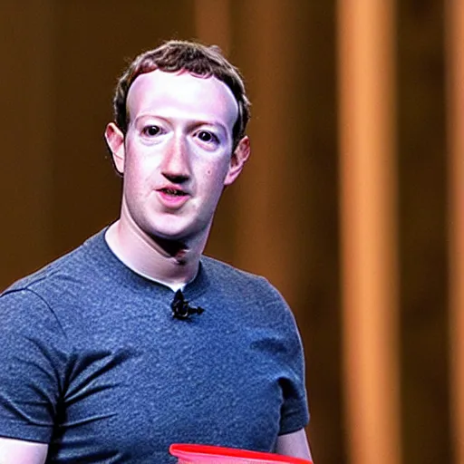 Image similar to mark zuckerberg holding circular, patterned wooden coaster up to the camera