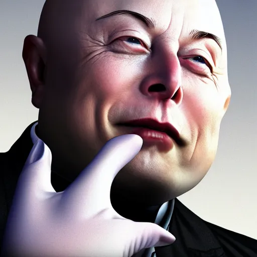 Image similar to Elon Musk as a laughing Dr Evil with his little finger pointed at his mouth, portrait, sharp focus, digital art, Hyper-realistic, 4K, Unreal Engine, Highly Detailed, HD, Dramatic Lighting by Brom, trending on Artstation