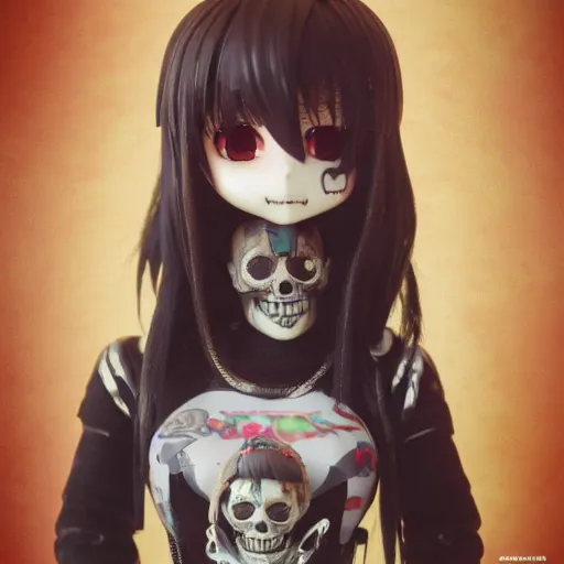 Image similar to portrait of a grungy skull anime and chibi very cute doll by super ss, cyberpunk fashion, nendoroid, kawaii, cyberpunk fashion, character modeling, maximalist sculpted design, toy design, substance 3 d painter, vray, soft vinyl, trending in artstation