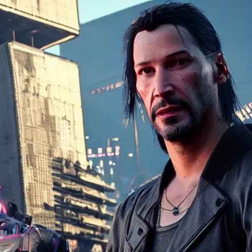 Prompt: Keanu Reaves in the Cyberpunk 2077 game