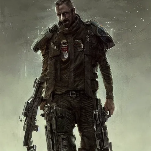 Image similar to armitage, colonel willis corto, aged shaggy ex military soldier, cyberpunk, painted by seb mckinnon, high detail, dramatic light, digital art, painted by greg rutkowski, promotional movie posterart, trending on artstation