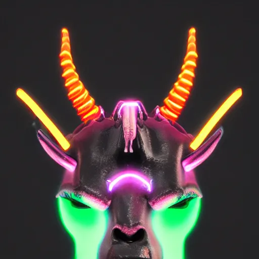 Image similar to synthwave demonic cyborg goat face with neon horns, detailed face, sharp focus, synthwave art, aesthetic, octane render, raw, cinematic