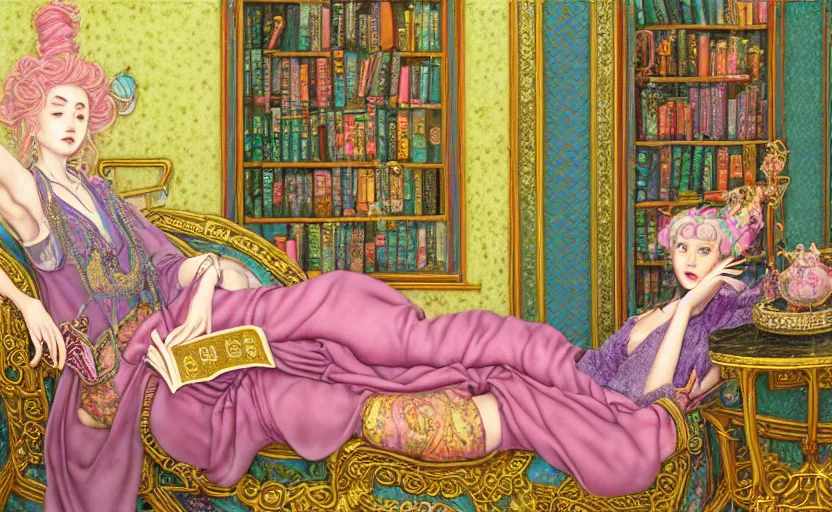 Image similar to a detailed fantasy pastel portrait of a woman wizard in ornate clothing lounging on a purpur pillow on the marble floor in front of her bookcase in a room, reading an ancient tome. to the side is a potted plant. ancient retrofuturistic setting. 4 k key art. raytracing, by chie yoshii and yoshitaka amano.