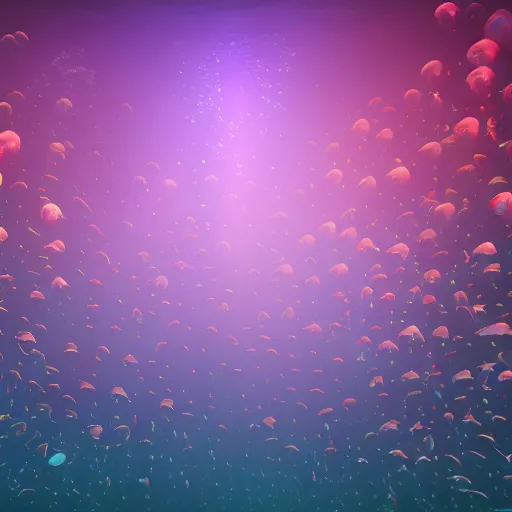 Prompt: underwater black background picture of a school of jellyfish, black background, colorful bioluminescence green glow, abyssal, 3 d octane render, very detailed, national geographic, studio lightning, 8 k, high definition